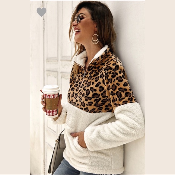 Leopard Print White Sherpa Fleece Pullover - Picture 2 of 8